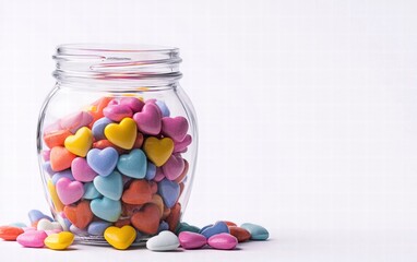 A glass jar filled with colorful candy hearts, celebrating valentines day, isolated on a bright white background
