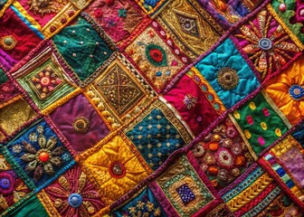 Vibrant Silk Patchwork Textile Close-Up: Drone Aerial View
