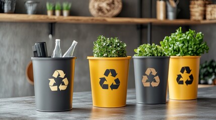 Recycling bins with various waste and plants