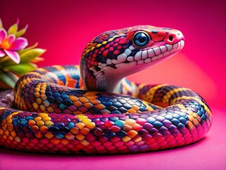 Fototapeta premium Vibrant Snake with Floral Patterns on Pink Background - Panoramic Stock Photo