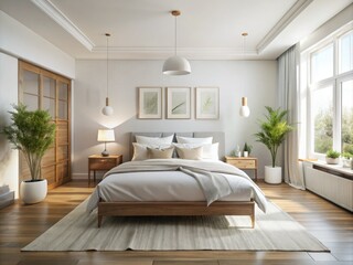 Modern white bedroom: clean lines, white bed, and nightstands, captured from above.  Minimalist interior design.