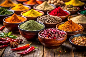 Fototapeta premium Vibrant Spices in Bowls: Minimalist Wooden Tabletop Photography