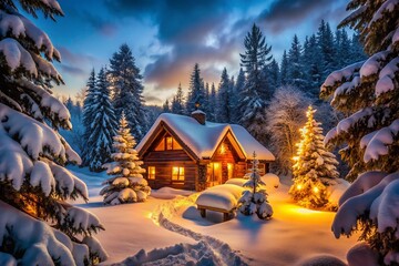 Fototapeta premium Cozy Winter House, Festive Lights, Snowy Forest, Tranquil Evening Scene