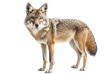 Fototapeta premium Coyote standing against a white background, showcasing its bushy tail and distinctive fur pattern.
