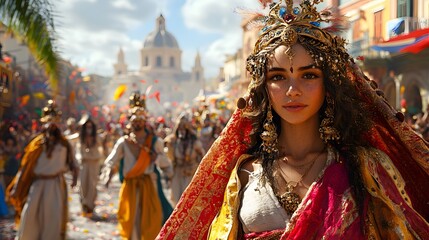 Vibrant parade celebrating a religious holiday, featuring colorful costumes, joyous crowds, and festive decorations in a historic city, 3D render