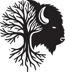 Bison head silhouette combined with tree trunk and branches