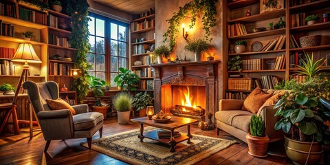 Cozy Winter Living Room Corner Zoom Background, Warm Fireplace & Bookshelf, Perfect Virtual Meeting Wallpaper