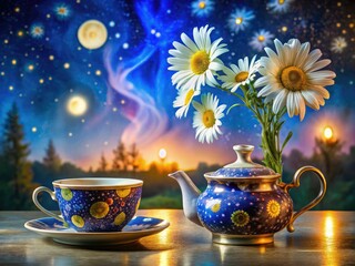 Fototapeta premium Night-blooming Kintsugi daisy watercolor art, elegantly presented with a modern tea set.