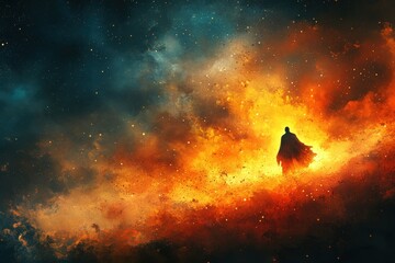 Obraz premium A silhouetted figure stands amidst a cosmic explosion of vibrant colors, embodying a sense of wonder and exploration in the depths of space.