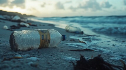 Plastic Bottle Washes Ashore On Sandy Beach