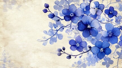 A sophisticated floral pattern showcasing blue and purple blossoms with white highlights, arranged on a faded parchment-like background
