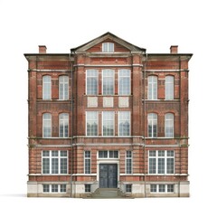 Fototapeta premium Classic red brick school building with multiple windows and a prominent central entrance featuring a staircase, isolated on a white background