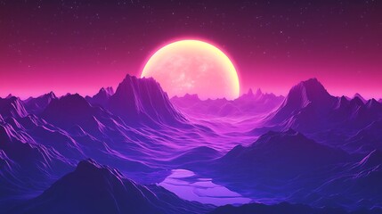 Vibrant Pink Moon Rises Majestically Over Purple Mountains: Stunning 3D Render in a Futuristic Style. AI Generated