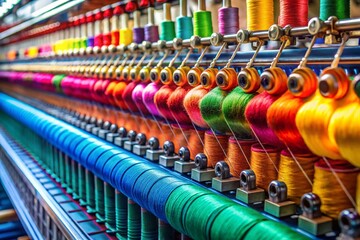 Vibrant Textile Threads Close-Up: Panoramic View of Colorful Weaving Machine
