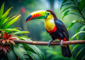 Naklejka premium Vibrant Toucan Perched on Lush Tropical Branch - Fashion Photography