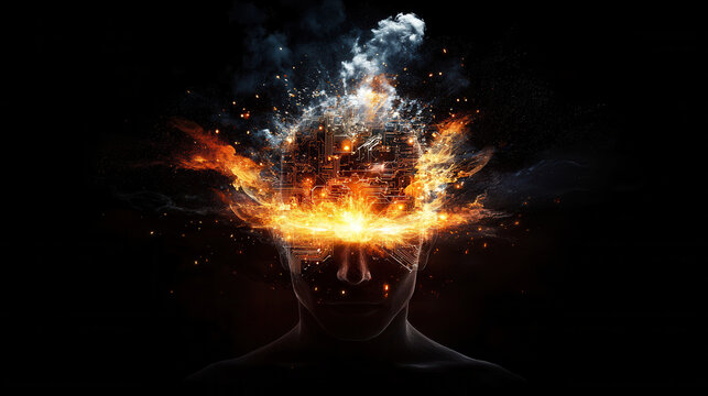 conceptual image of human head exploding with glowing circuits and flames, symbolizing creativity and innovation
