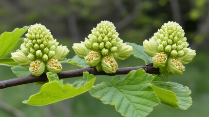 Three Pale Green Flower Buds on a Branch