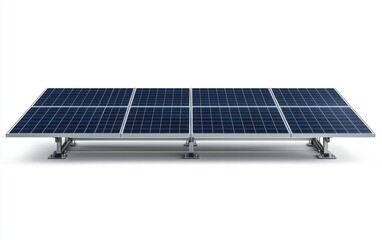 A standard solar panel with dark blue photovoltaic cells and a clean metallic frame, isolated on a bright white background