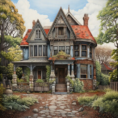 Fototapeta premium Detailed color illustration of an old wooden Victorian house with complex architectural elements, steep roofs and a porch. Surrounded by lush greenery on a white transparent background 