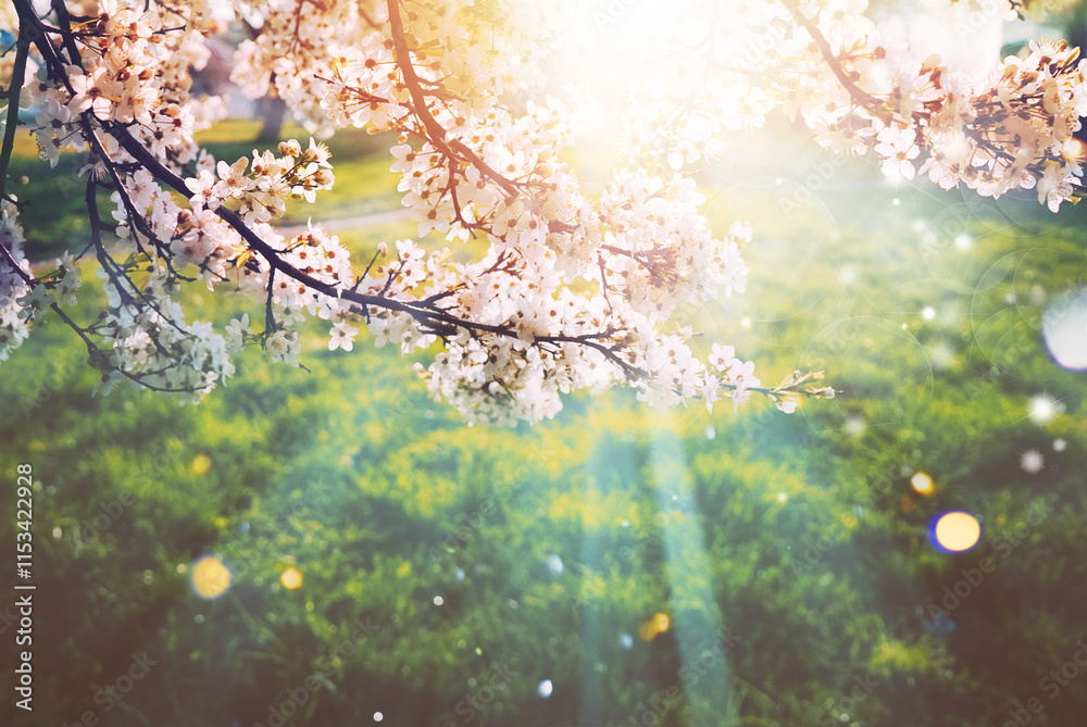Poster spring flowers, beautiful orchard. flowering branches of cherry tree on a sunny day glow in rays of 