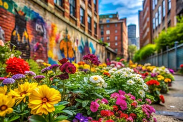 Fototapeta premium Vibrant Urban Garden Flowerbed: A Burst of Color in the City