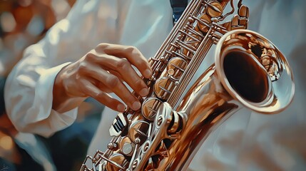 Obraz premium Close-up Photo: Skilled Musician Gracefully Plays a Gleaming Saxophone Outdoors. AI Generated