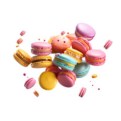a group of colorful macaroons flying in the air