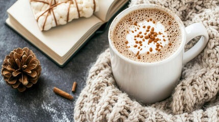cozy corner with warm cup of cocoa, book, and sweet treat evokes comfort and relaxation