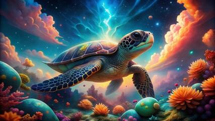 Cute Cartoon Turtle Double Exposure, Nature & Fantasy, AI Generated Stock Photo