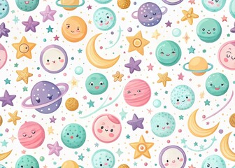 Cute Cosmos Galaxy Print: Hand-Drawn Infantile Style Starry Night Landscape for Fabric, Textile & Cards