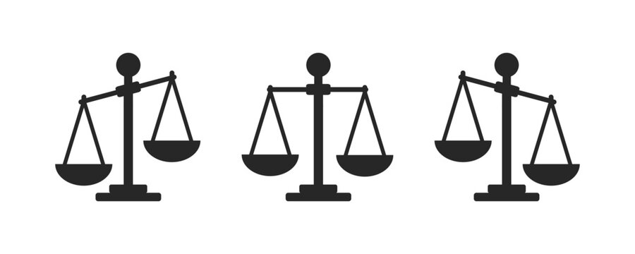 Set of scale icon. Scales of justice flat icon set. Vintage scale in balance and equilibrium. Vector icon of justice scales collection design. Vector illustration