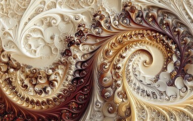 A luxurious swirl of liquid paint in metallic gold, bronze, and deep ruby tones, forming an intricate design on a light background