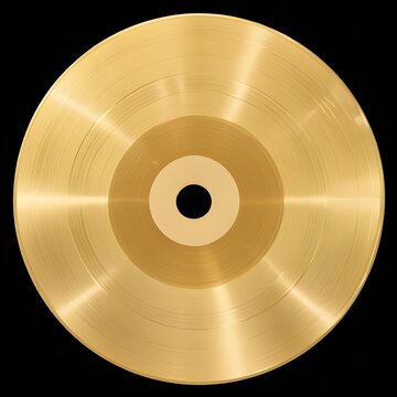 A gold record album, a circular disc with concentric grooves and a central hole. The surface has a shiny, metallic gold color