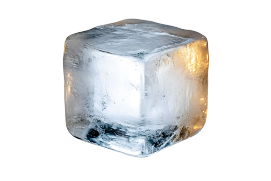 Close-up image of a single ice cube isolated on a transparent background. showcasing its clarity and texture, perfect for cooling beverages.