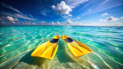 Vibrant Yellow Diving Fins Emerge from Ocean Waves - Underwater Adventure Stock Photo