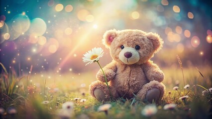 Cute Teddy Bear Double Exposure Daisy Floral Stock Photo with Text Space