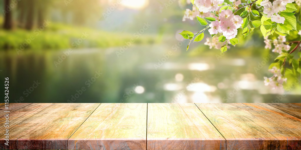 Aufkleber Spring nature background with green young foliage and flowering cherry branches with empty wooden decking in nature against lake.
