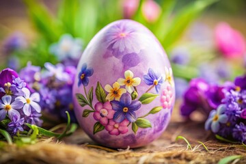Fototapeta premium Cute Watercolor Violet Easter Egg with Spring Flowers - Candid Spring Decor Photo