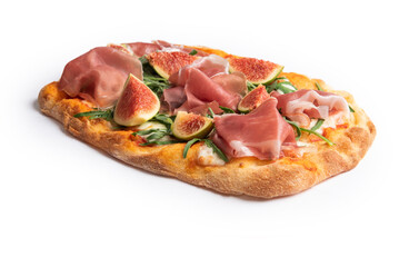 Deliziosa pinsa gourmet con prosciutto crudo, rucola e fichi, cibo italiano 
