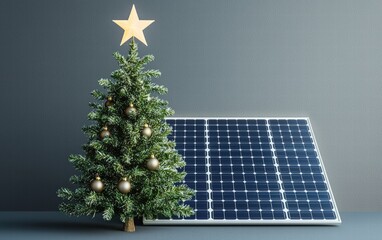 christmass tree and solar panel on grey background