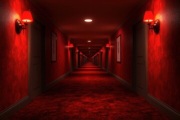 A long, dimly lit hotel corridor with red walls and soft glowing lamps on either side, creating an eerie yet captivating atmosphere.