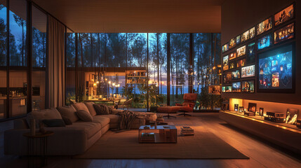modern living room with large windows, cozy furniture, and stunning sunset view. space features stylish design and warm ambiance
