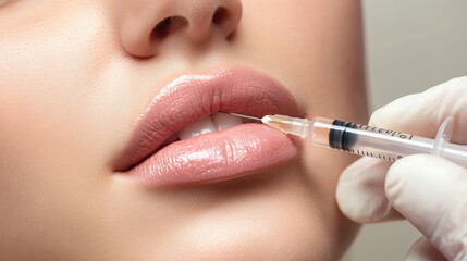 Doctor is making an injection filler in lips,Young beautiful woman getting botox injection,Plastic Surgery, Cosmetic Treatment,rhinoplasty in clinic.