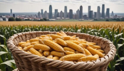 A close-up view of freshly harvested corn kernels in a woven basket, with a scenic countryside landscape