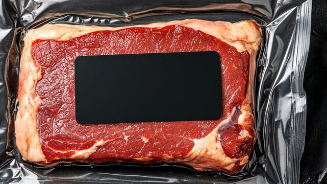 High-quality beef steak packaged for freshness displayed on a dark surface