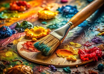 Obraz premium Vintage Artist Palette Close-Up: Paintbrush and Colorful Oil Paints