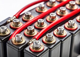 DC Battery Close-up: Macro Shot of Terminals, Black Red Grey, Isolated on White