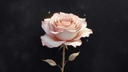A delicate hand-drawn illustration of a single blooming rose, its soft petal-like curves unfurling from a slender stem, against a deep matte black background