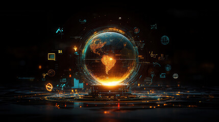 Obraz premium glowing digital globe with data icons, representing global connectivity and technology