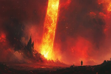 A lone figure stands before a towering, fiery pillar of light in a surreal, molten landscape, evoking a sense of awe and danger.